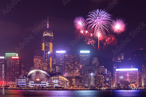 Canvas Print Fireworks Festival over Hong Kong city