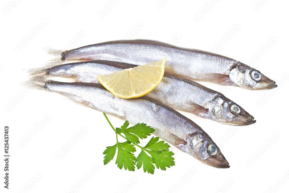 Capelin fish, lemon and parsley isolated on white background Capelin fish, lemon and parsley isolated on white background