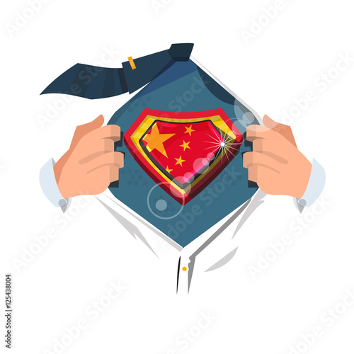smart man open shirt to show "China flag" in hero style. China c