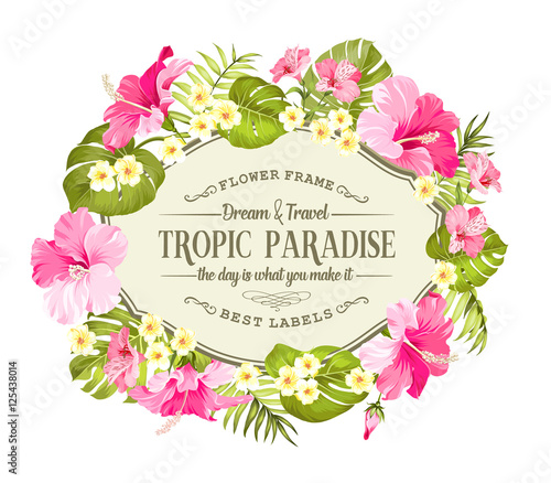 Tropical flowers wreath for vintage card. Yellow plumeria with a vintage label isolated over white background. Vector illustration.