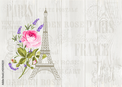 Eiffel tower icon with spring blooming flowers over gray wooden pattern. Vector illustration.