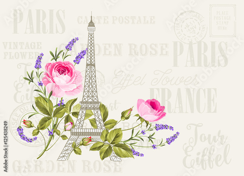 Eiffel tower simbol with spring blooming flowers over gray text pattern with sign Paris souvenir. Vector illustration.