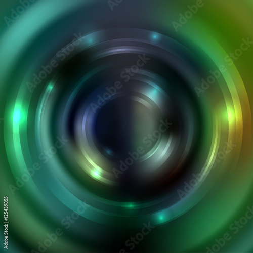 Abstract background with luminous swirling backdrop. Vector infinite round tunnel of shining flares. Dark green colors