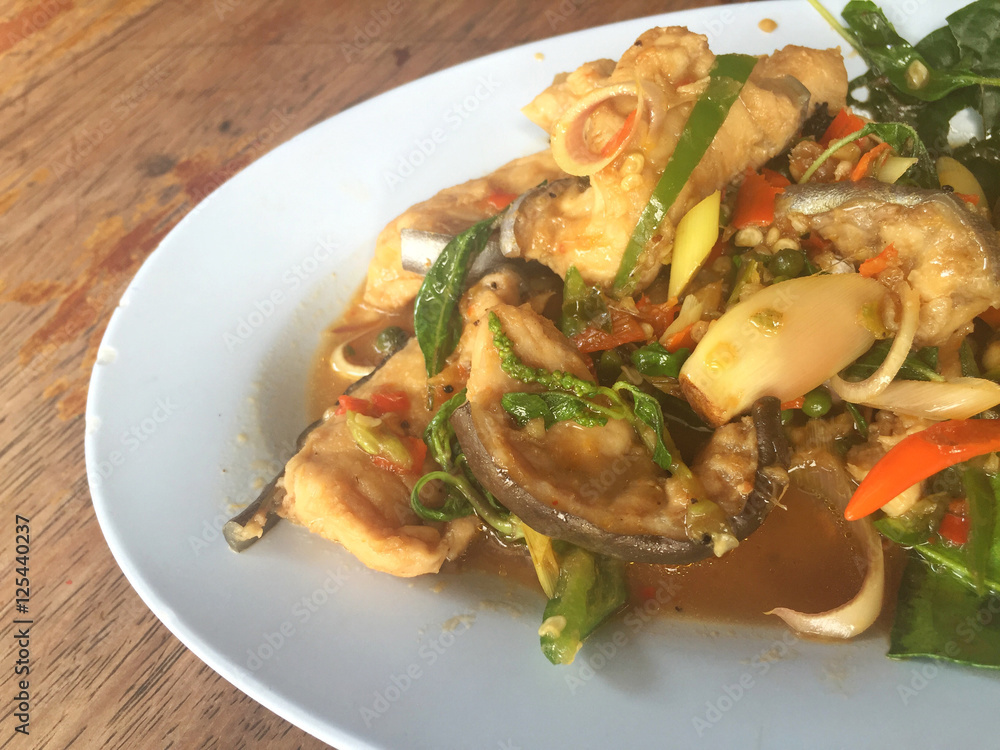 horizontal photo of fried spicy Mekong giant catfish with herb horizontal photo of fried spicy Mekong giant catfish with herb