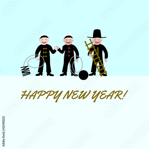 Three chimney sweeps, for good luck, with the inscription Happy New Year.