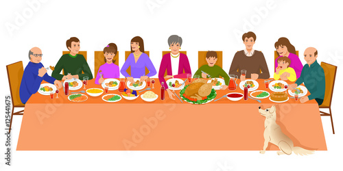 Thanksgiving family dinner. Isolated on white background.