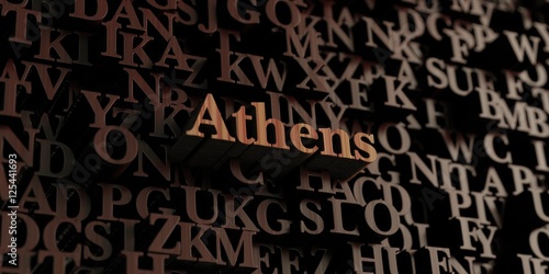 Athens - Wooden 3D rendered letters/message. Can be used for an online banner ad or a print postcard.
