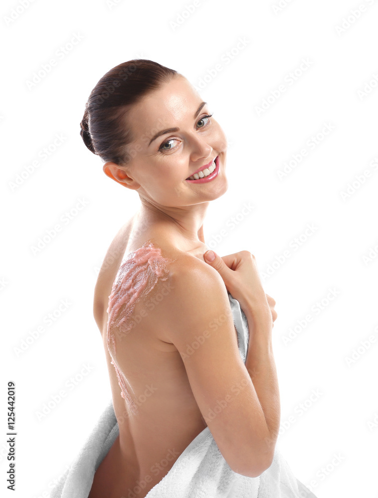 Young woman with nourishing scrub on back on white background Young woman with nourishing scrub on back on white background