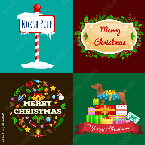 set of greeting cards and banners Merry Christmas and a Happy New Year with Christmas decorations and gifts. The inscription on the plate next to the North Pole dog rejoicing gifts