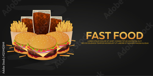 Lunch with french fries, burger and soda takeaway on isolated background. Fast food. Vector Illustration.
