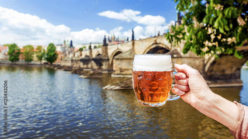 hand with a mug of the Czech beer against the background of Char