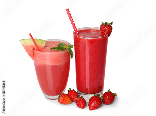 Strawberry and watermelon smoothies on white background