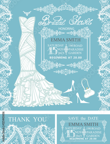 Bridal shower invitations.Winter wedding,borders,dress