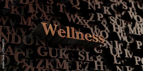 Wellness - Wooden 3D rendered letters/message. Can be used for an online banner ad or a print postcard.