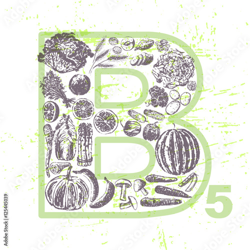 Ink hand drawn fruits and veggies that contain vitamin B5