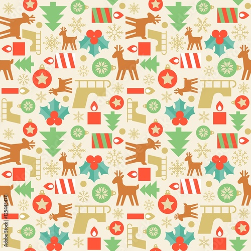 Seamless pattern wallpaper of christmas tree, candle christmas reindeer, sleigh, snowflake, christmas ball, , design for greeting card, wrapping paper gift, backdrop in retro style