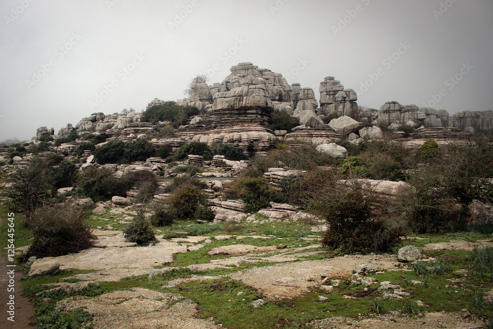 Torcal de Antecera plateau by mist, Andalusia, Spain