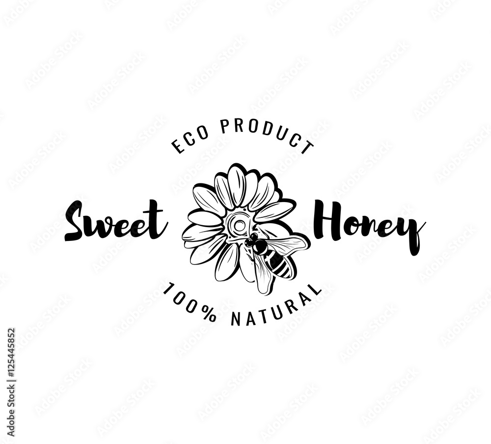 Bee on flower. Sweet honey label, logo, badge. Eco product. Vintage vector