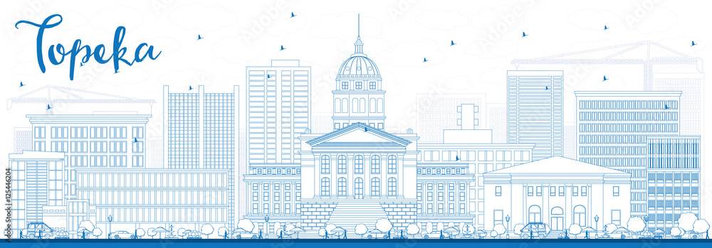 Outline Topeka Skyline with Blue Buildings.