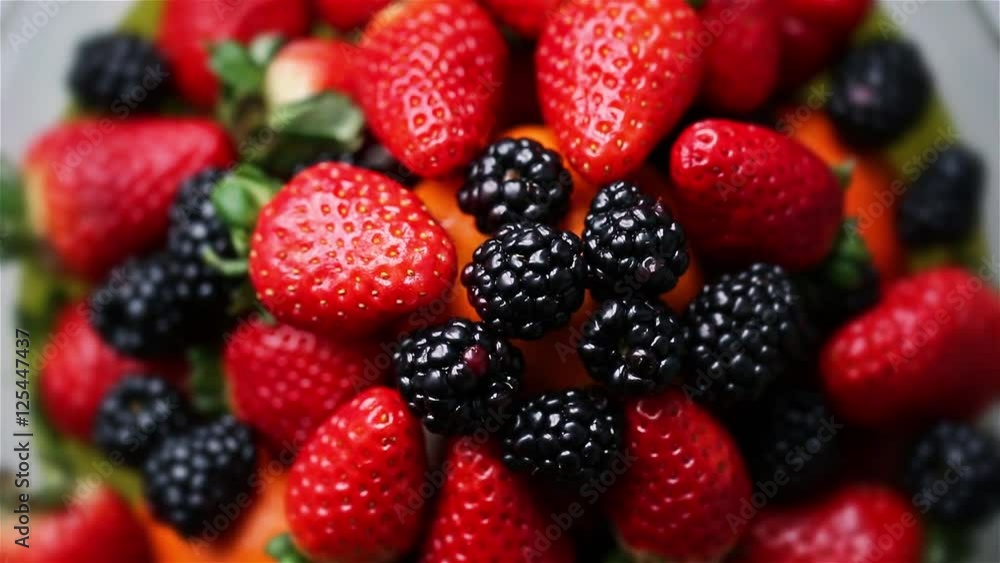 Ripe berries on a platter spinning in a circle. The view from the top.