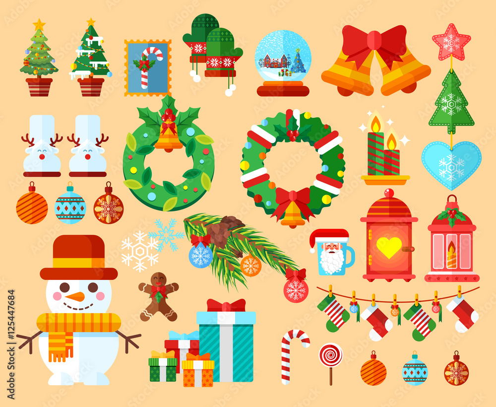 Set Christmas accessories in a flat style