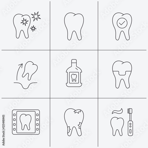 Tooth, dental crown and mouthwash icons. Caries.