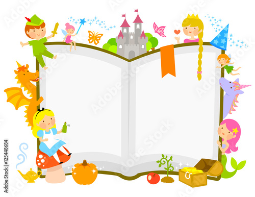 characters of fairytales around an open book