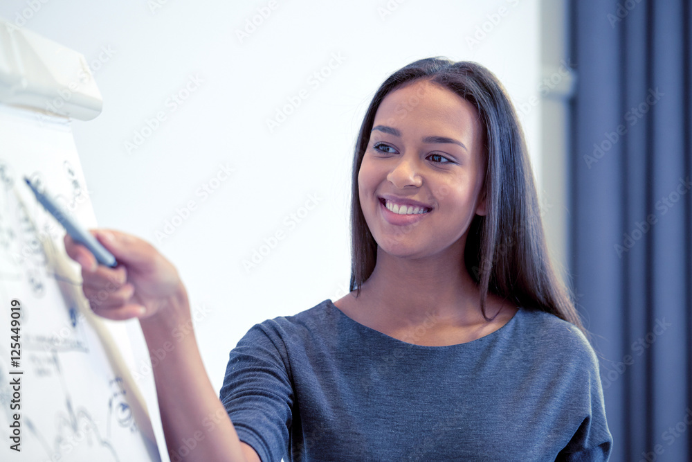 smiling businesswoman on presentation in office smiling businesswoman on presentation in office