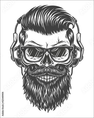 Monochrome illustration of skull with beard, mustache, hipster haircut, glasses with transparent lenses and headphones. Isolated on white background.