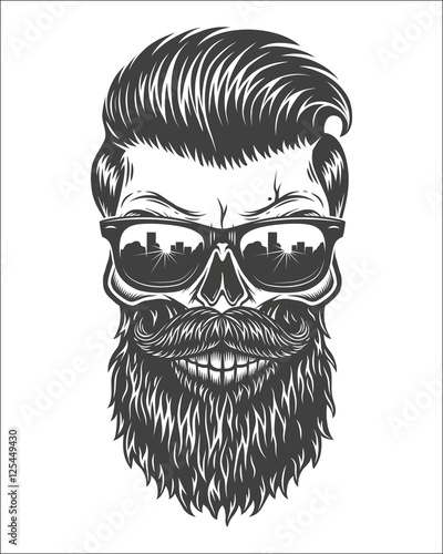Monochrome illustration of skull with beard, mustache, hipster haircut and sunglasses with big city reflection. Isolated on white background