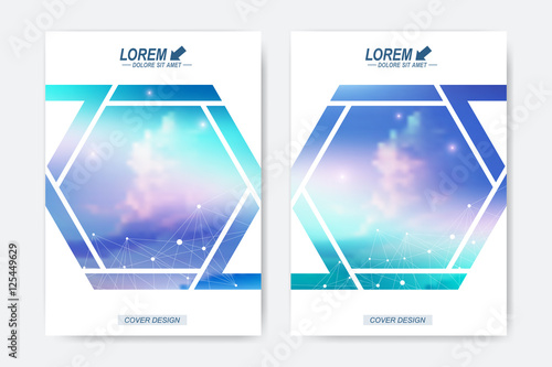 Modern vector template for brochure, Leaflet, flyer, cover, booklet, magazine or annual report. Sky background with clouds. Geometric background molecule and communication.