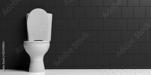 White toilet bowl on black wall background, copy space. 3d illustration photo