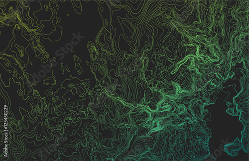 Abstract conceptual elevation map. Imaginary topographic map, background concept. Fictional contour map. Vector illustration in dark tones