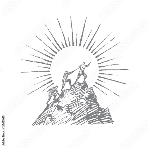 Vector hand drawn teamwork concept sketch. Group of people trying to climb up mountain and helping each other with hand, sun at background