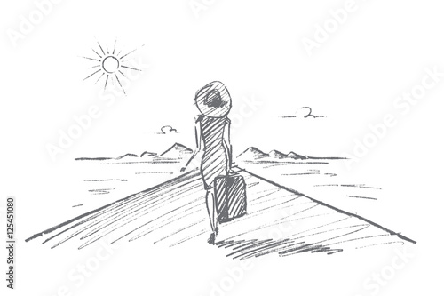 Vector hand drawn Travel time concept sketch. Beautiful slim woman in dress, hat and on high heels going towards mountains and the Sun, holding suitcase in hand