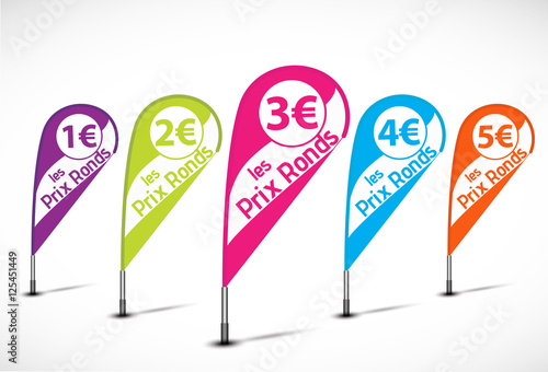 bannières flottantes multicolores : les prix ronds 1 à 5 €