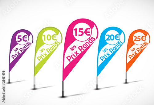 bannières flottantes multicolores : prix ronds 5 à 25 €