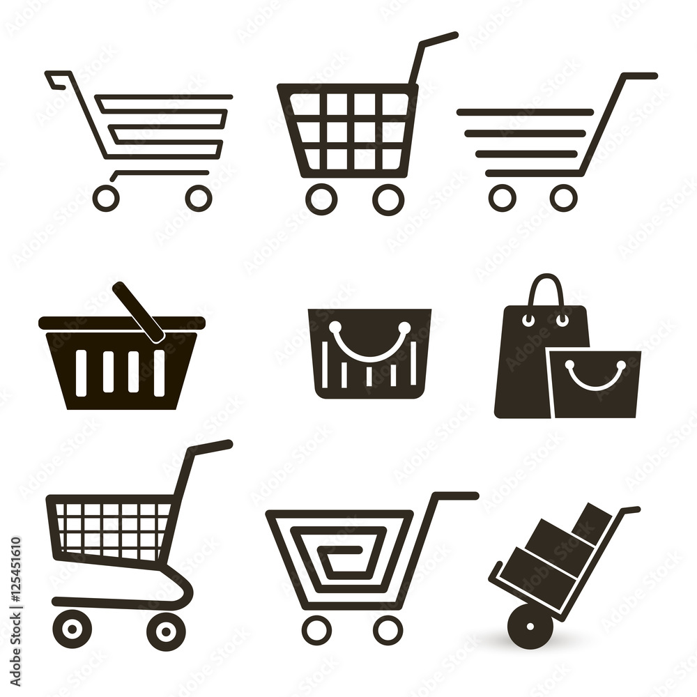 Set of different shopping bags and trolleys icon vector