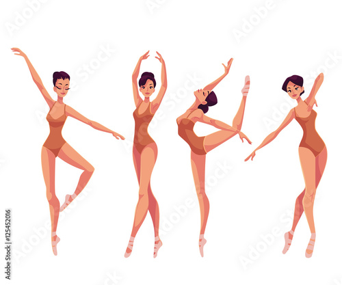 Set of young beautiful dancers in tights and ballet slippers, cartoon illustration isolated on white background. Young graceful ballet dancer wearing tights and ballet shoes, set of poses