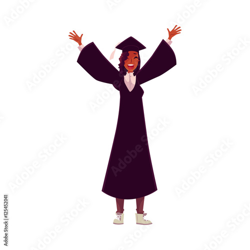 Happy female African student in traditional cap and gown celebrating successful graduation, cartoon style illustration isolated on background. Pretty girl in academic dress graduating from University