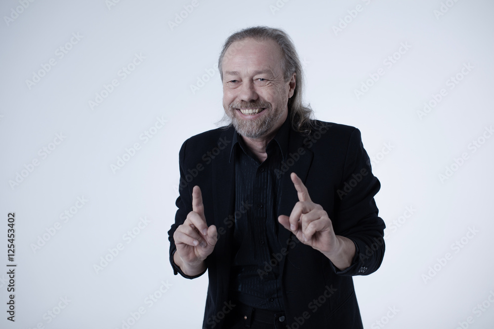 A man holding up index fingers