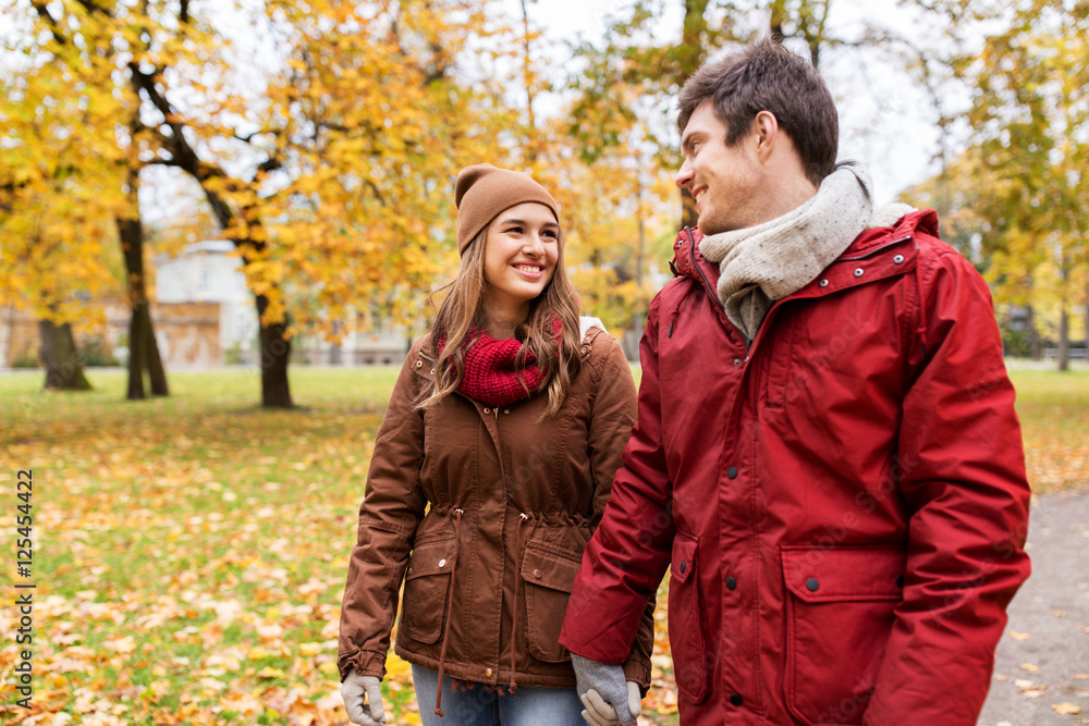 Fototapeta premium happy young couple walking in autumn park