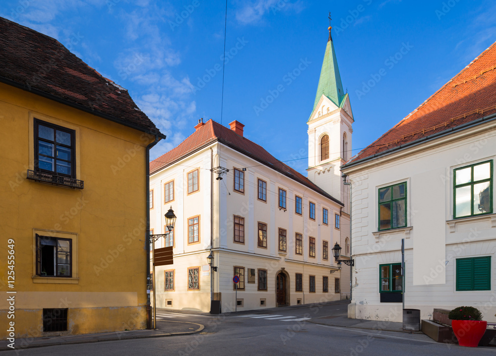 Middle age houses and greek-catholic church in upper town in Zagreb. Historical part of Zagreb called Gornij Grad. Croatia.