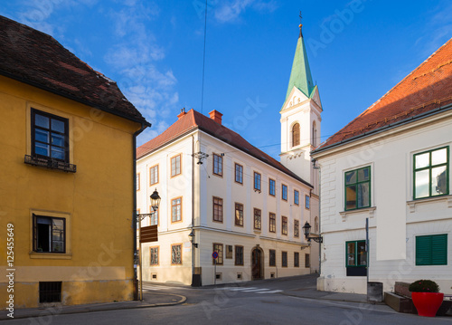 Middle age houses and greek-catholic church in upper town in Zagreb. Historical part of Zagreb called Gornij Grad. Croatia.