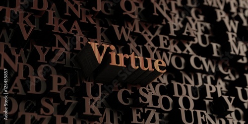 Virtue - Wooden 3D rendered letters/message.  Can be used for an online banner ad or a print postcard.