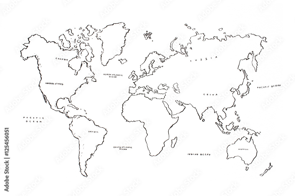 World map ink illustration isolated on white background.