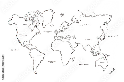 World map ink illustration isolated on white background.