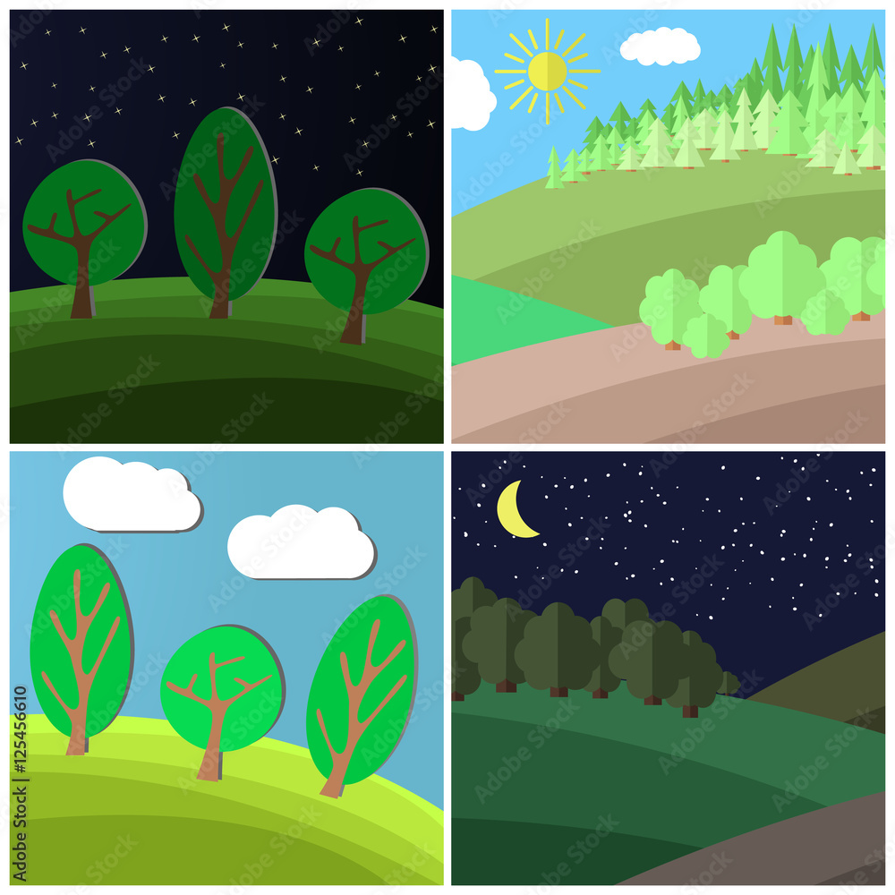 Obraz premium Set of summer landscape. Day and Night on a Clearing in the Forest. Cartoon vector illustration. 