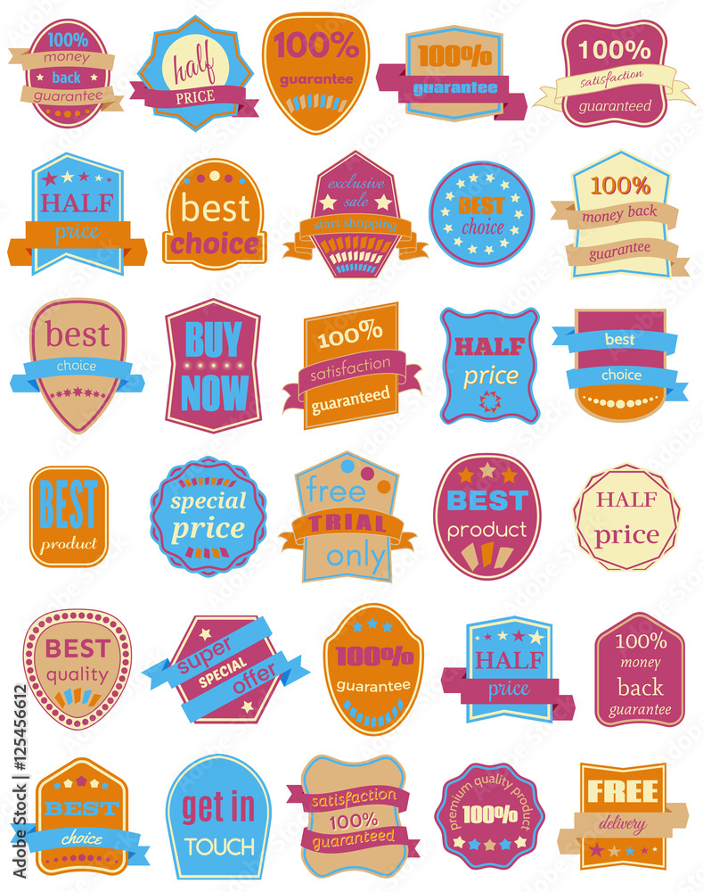 Set of Thirty Vector Badges with Ribbons. Web stickers and labels. Isolated vector illustration.
