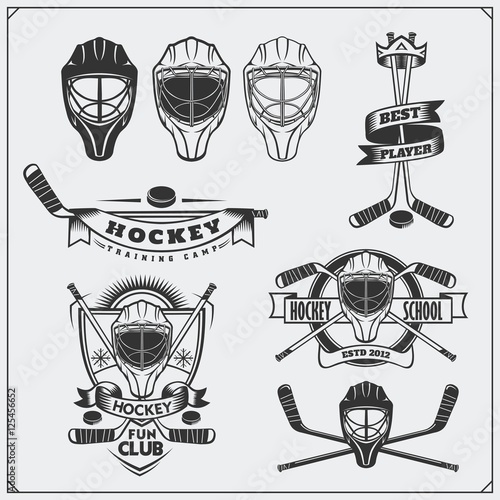 Set of ice hockey labels, emblems, icons, badges and design elements.